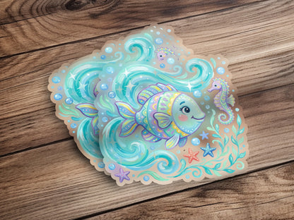 Two whimsical stickers featuring a colorful fish, seahorse, and sea elements.