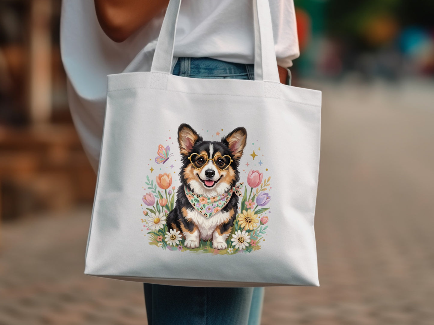 White tote bag with a corgi wearing heart sunglasses and a bandana, surrounded by flowers.