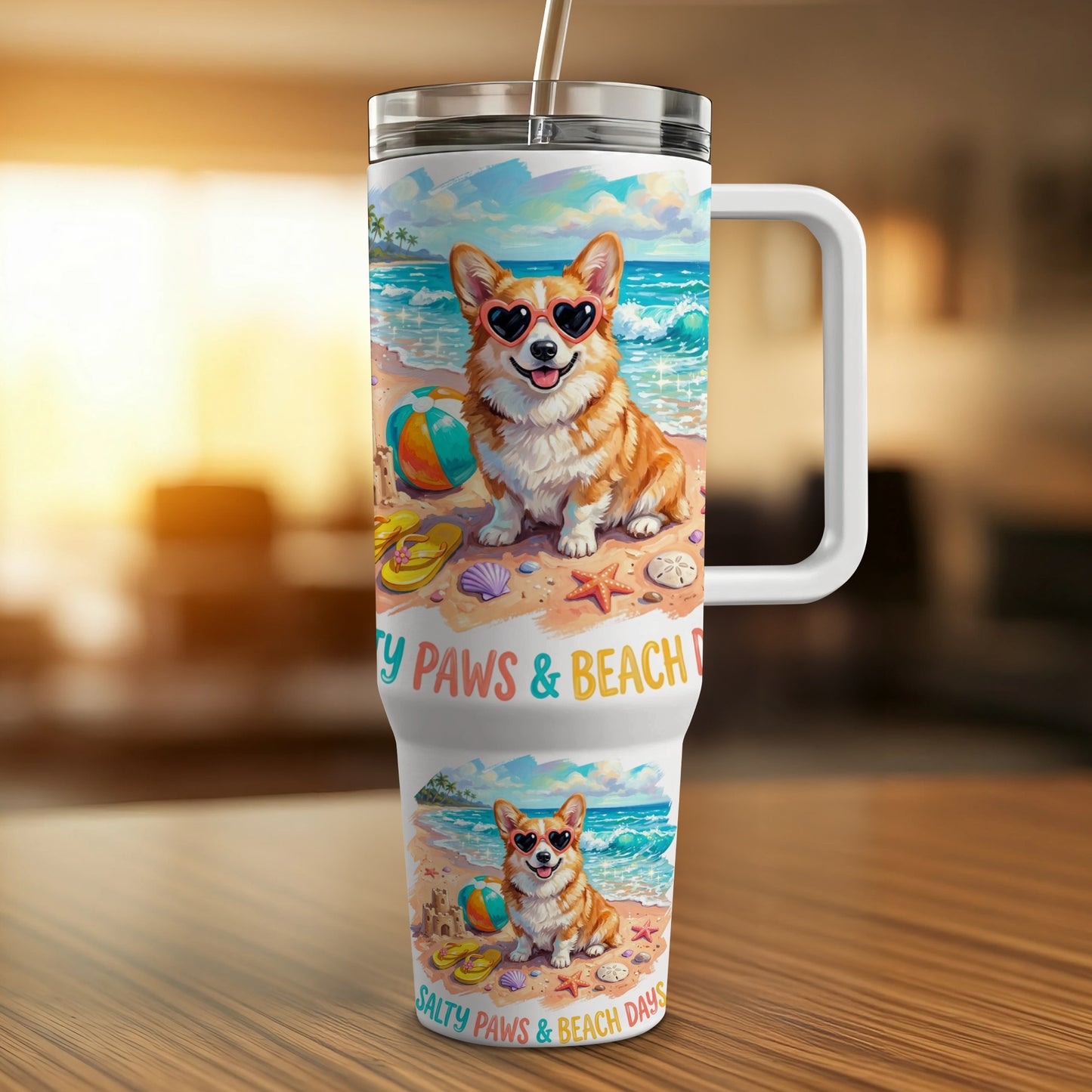 Corgi with sunglasses on beach with "Salty Paws & Beach Days" text.