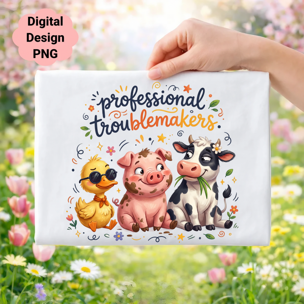 Cute duckling, pig, and cow with "professional troublemakers" text.