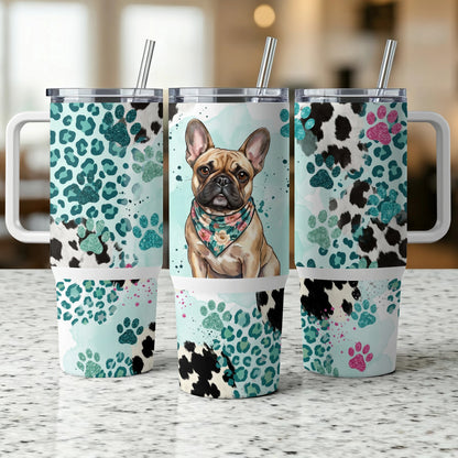 French bulldog on teal leopard print tumbler with cow print accents.