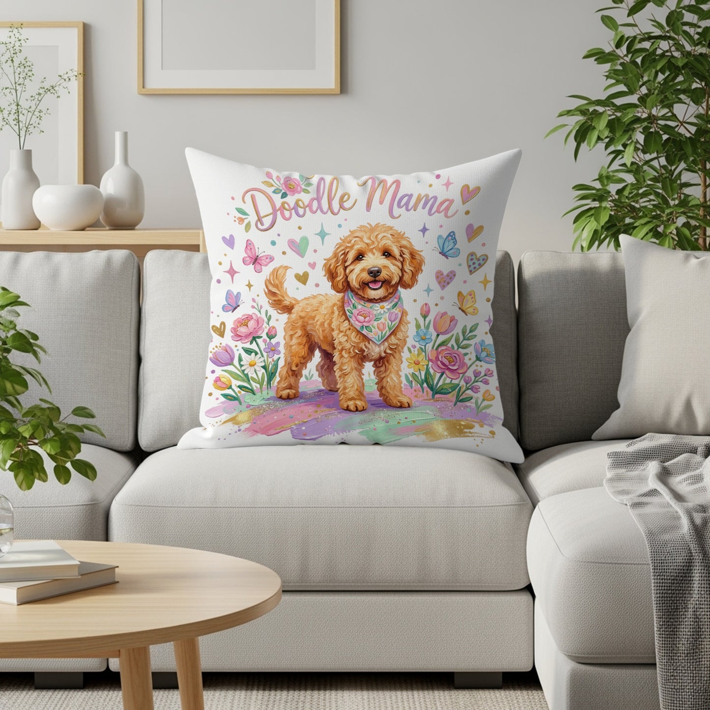 Golden doodle dog wearing a bandana on a floral, colorful background.