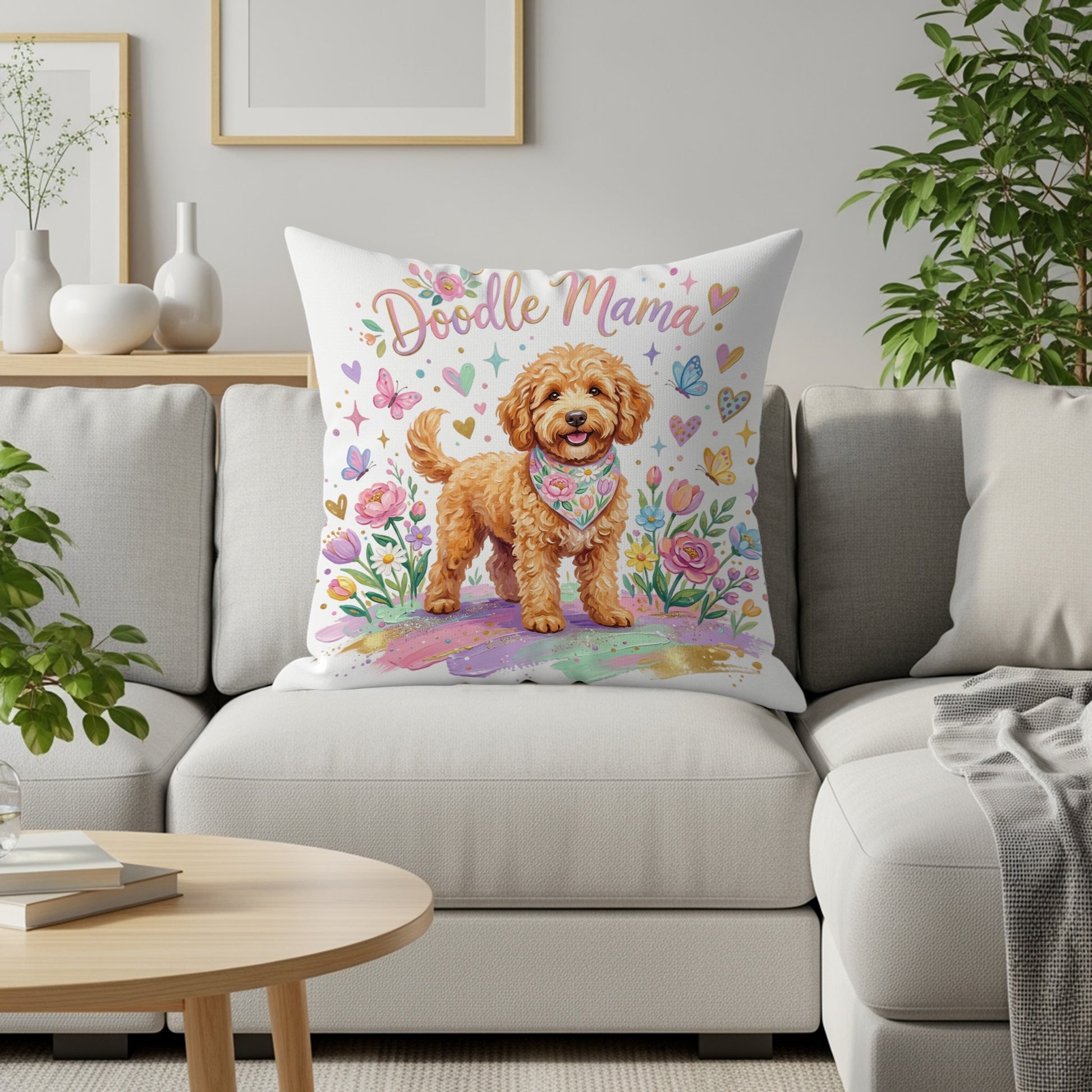 Golden doodle dog wearing a bandana on a floral, colorful background.