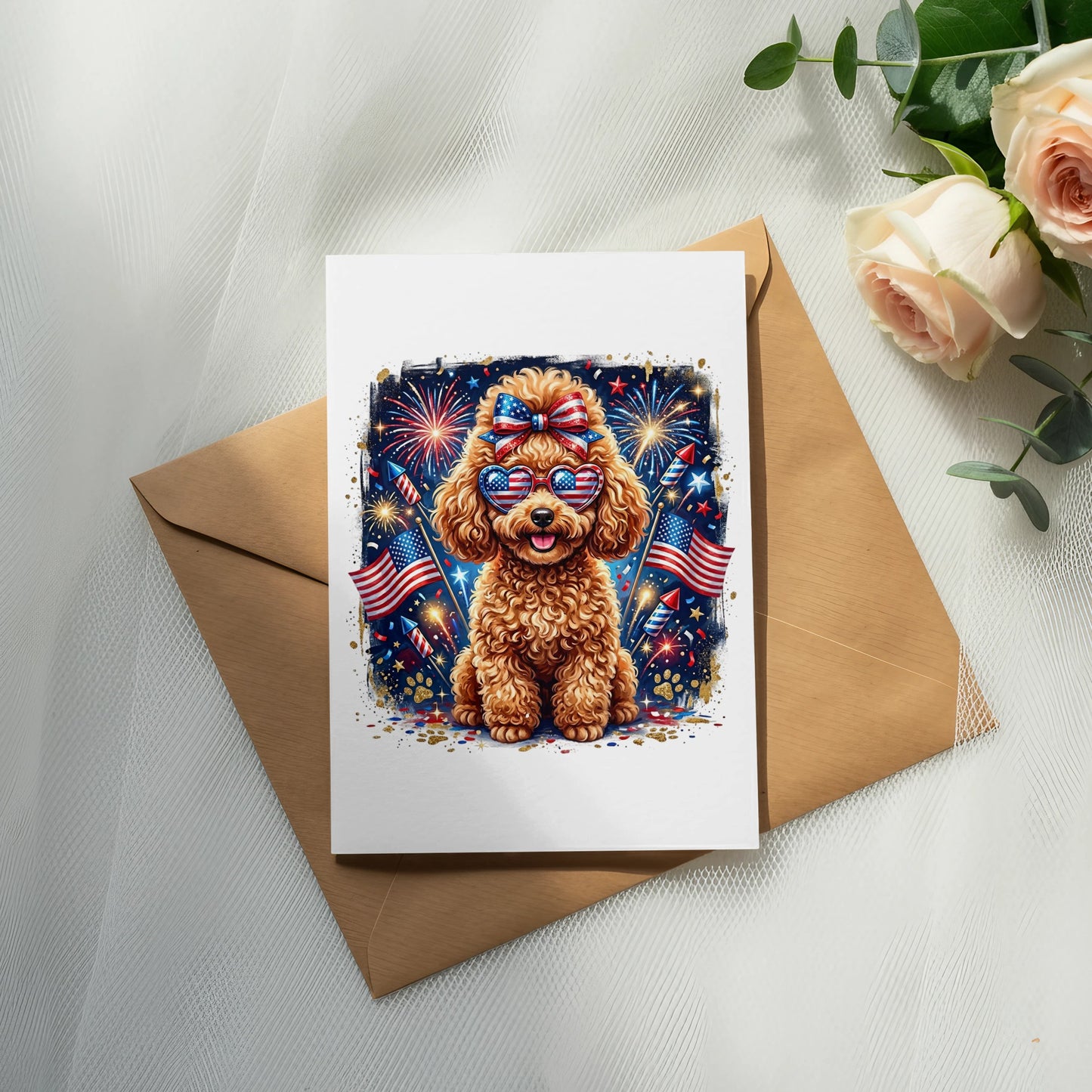 Poodle wearing heart-shaped sunglasses sits on a patriotic card with fireworks.