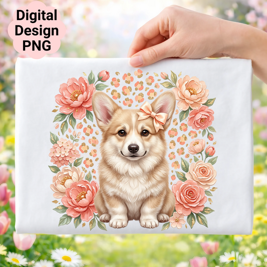 Corgi with bow on head, surrounded by floral wreath and leopard print.