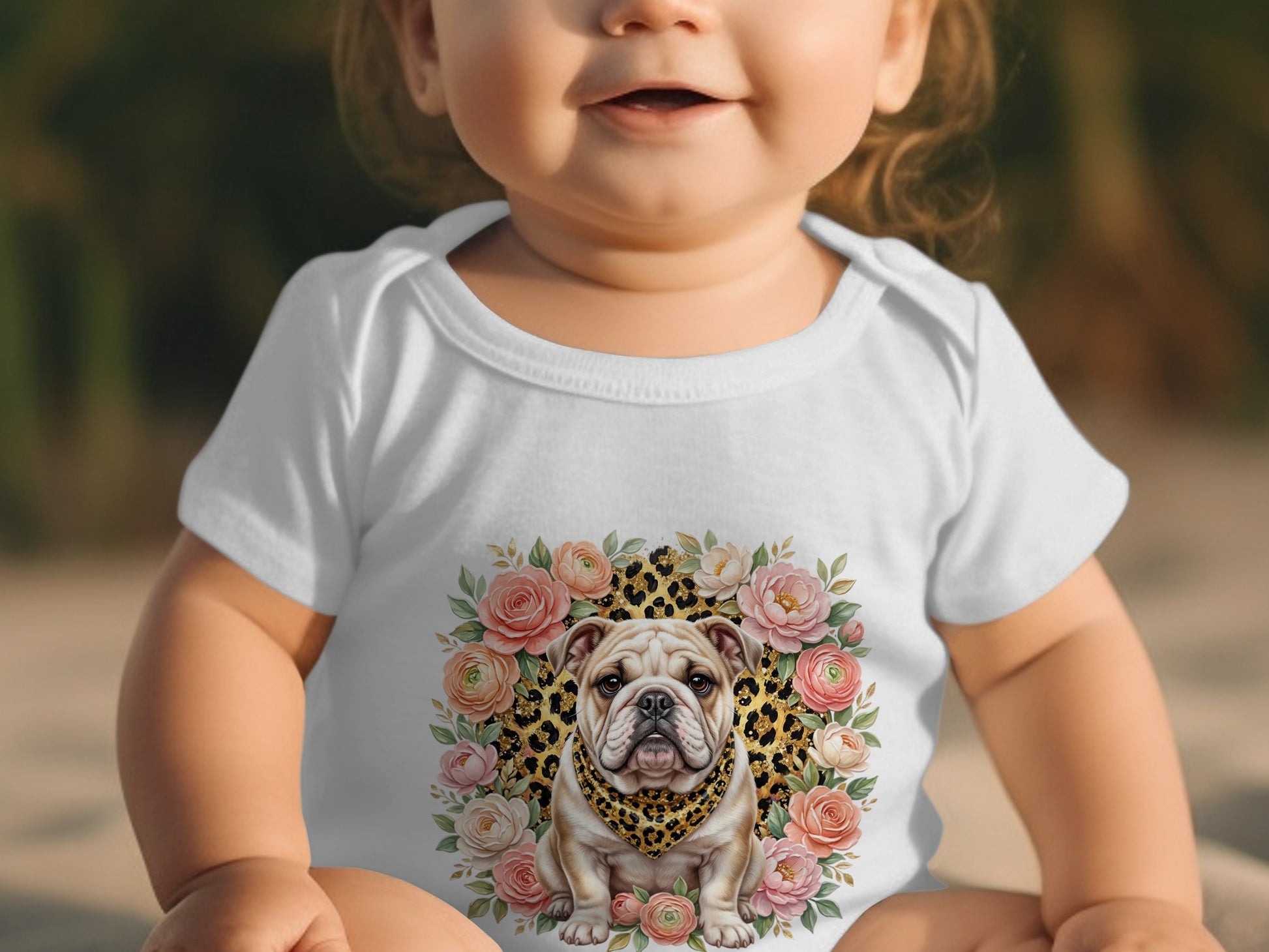 Baby wearing white bodysuit with bulldog, flowers, and leopard print graphic.