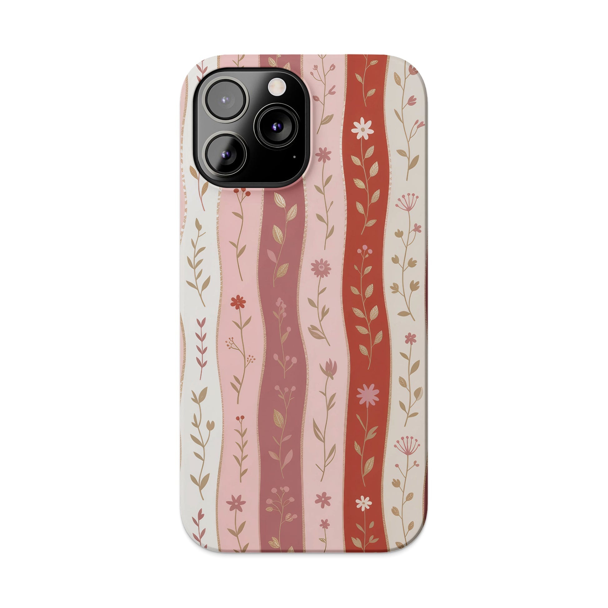 Phone case with vertical pink and red stripes and floral accents.