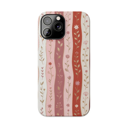 Phone case with vertical pink and red stripes and floral accents.