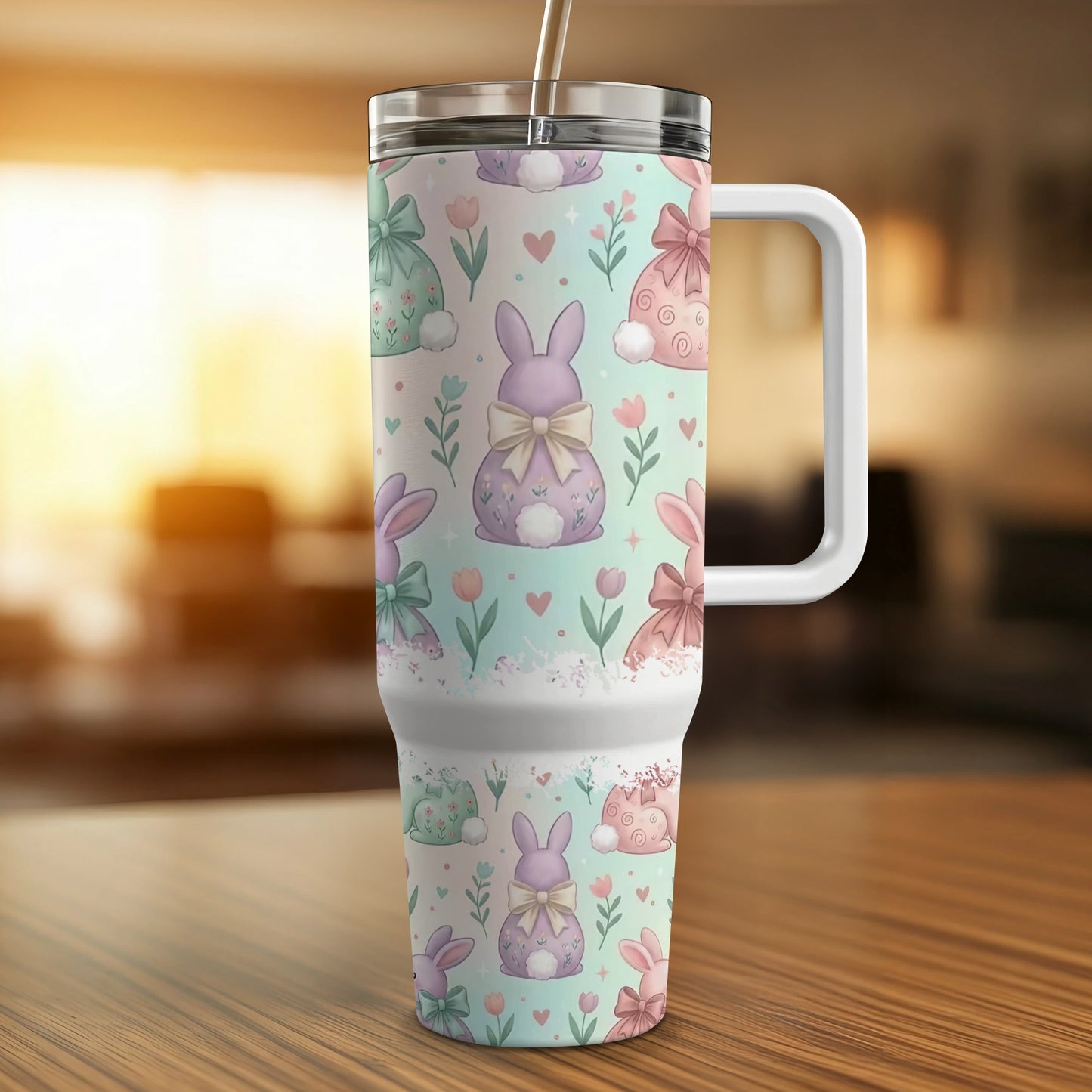 Easter bunny and floral pattern insulated tumbler with handle.