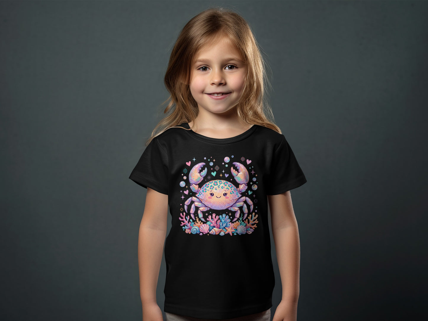Black t-shirt with a smiling crab and colorful coral graphic.