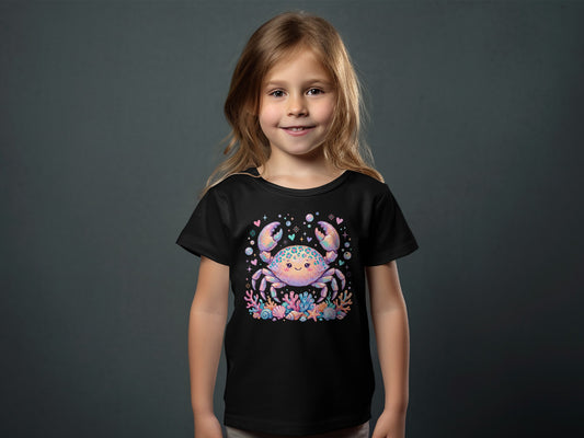 Black t-shirt with a smiling crab and colorful coral graphic.