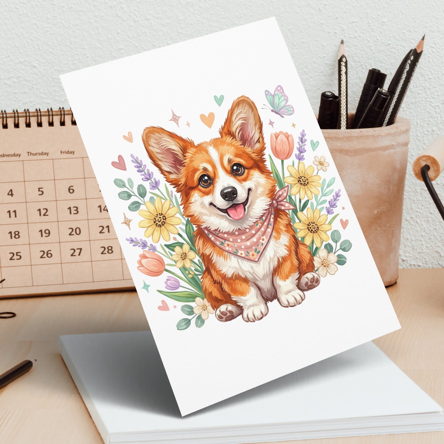 Watercolor corgi with flowers and butterfly on a greeting card.