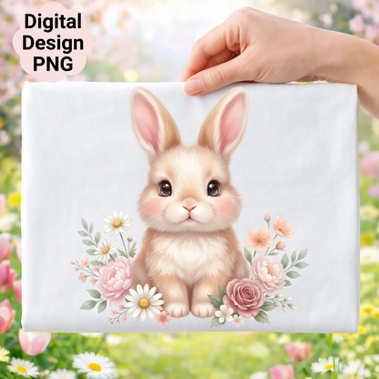 Cute bunny with flowers and "Digital Design PNG" text.