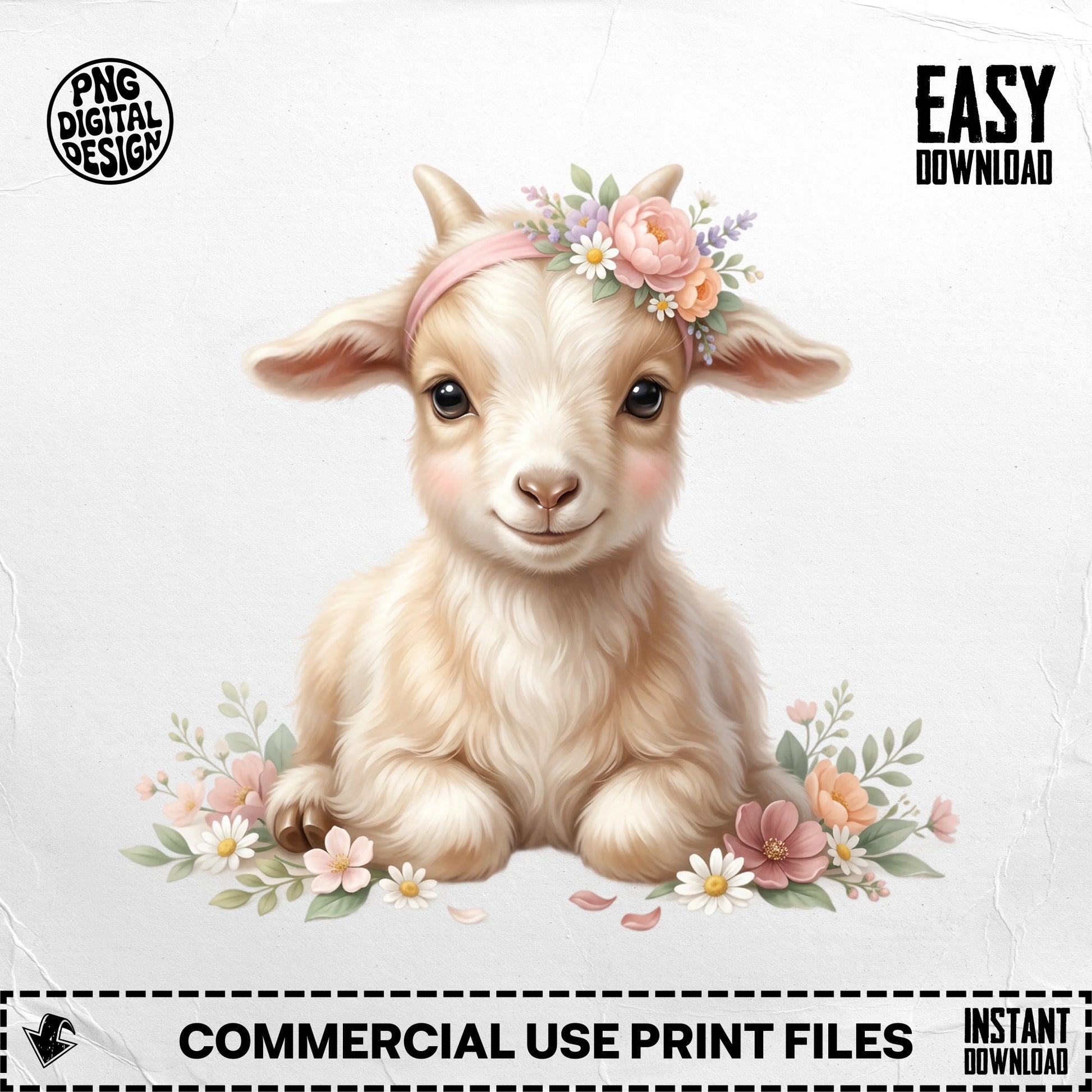 Cute baby goat with flower crown and text "EASY DOWNLOAD".