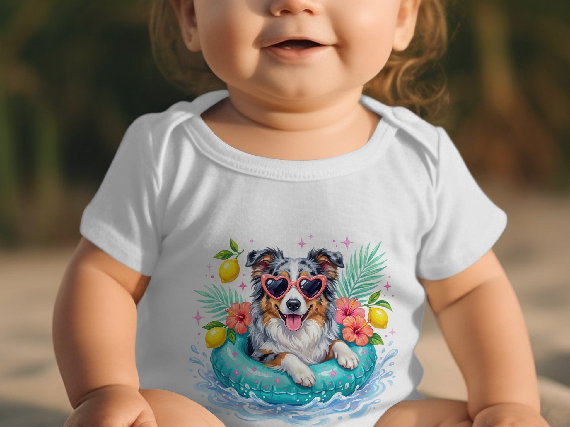 Baby wearing white bodysuit with colorful cartoon dog in a pool float.