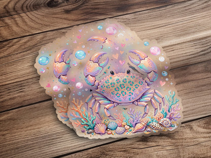 Decorative sticker of a whimsical crab surrounded by seashells and coral.