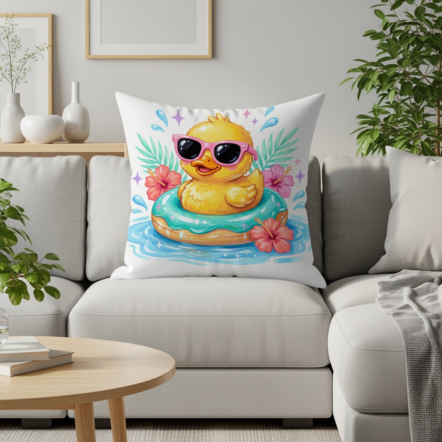 Yellow rubber duck wearing sunglasses floats on a blue inflatable ring.