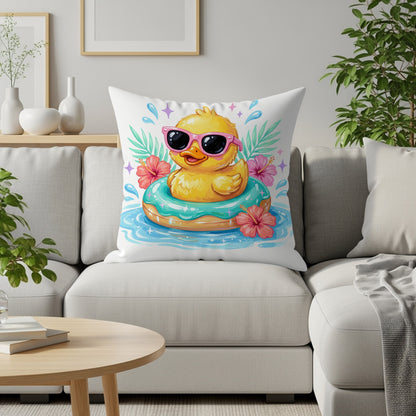 Yellow rubber duck wearing sunglasses floats on a blue inflatable ring.