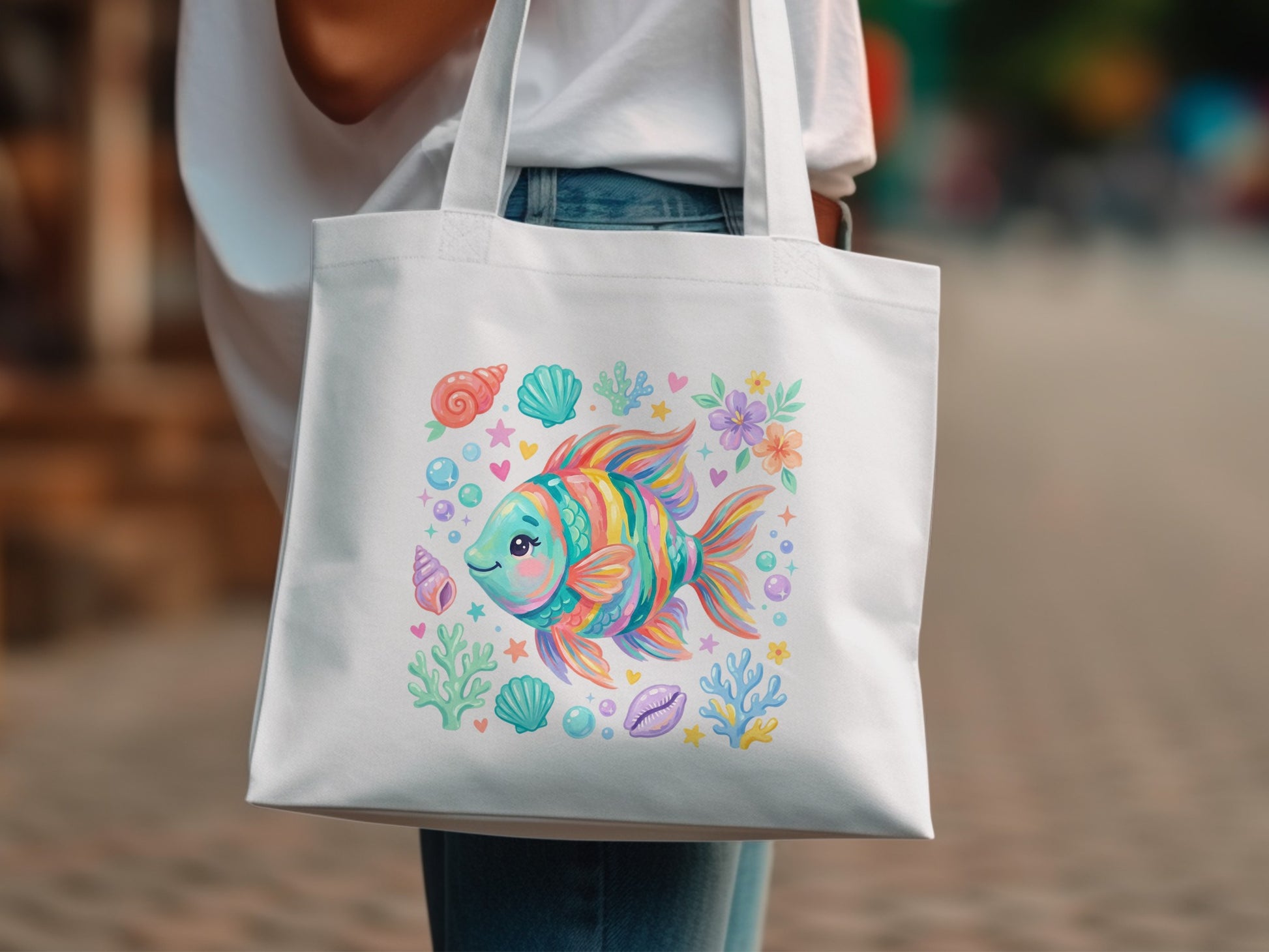 White tote bag with colorful cartoon fish, shells, and coral design.