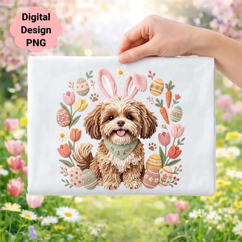 Dog wearing bunny ears surrounded by Easter eggs, flowers, and carrots.