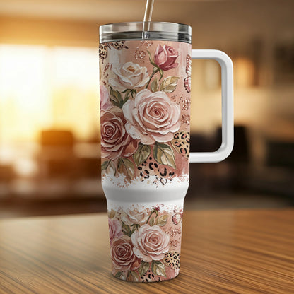 Floral and leopard print tumbler with handle and straw.