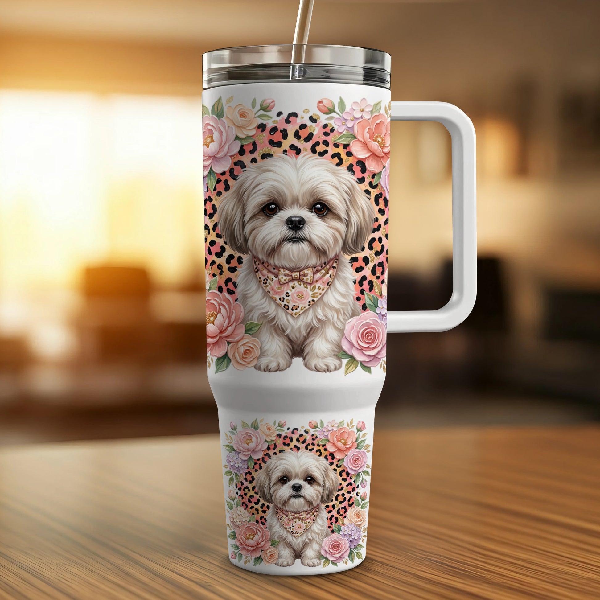 Shih Tzu dog wearing a bandana surrounded by flowers and leopard print on a travel tumbler.