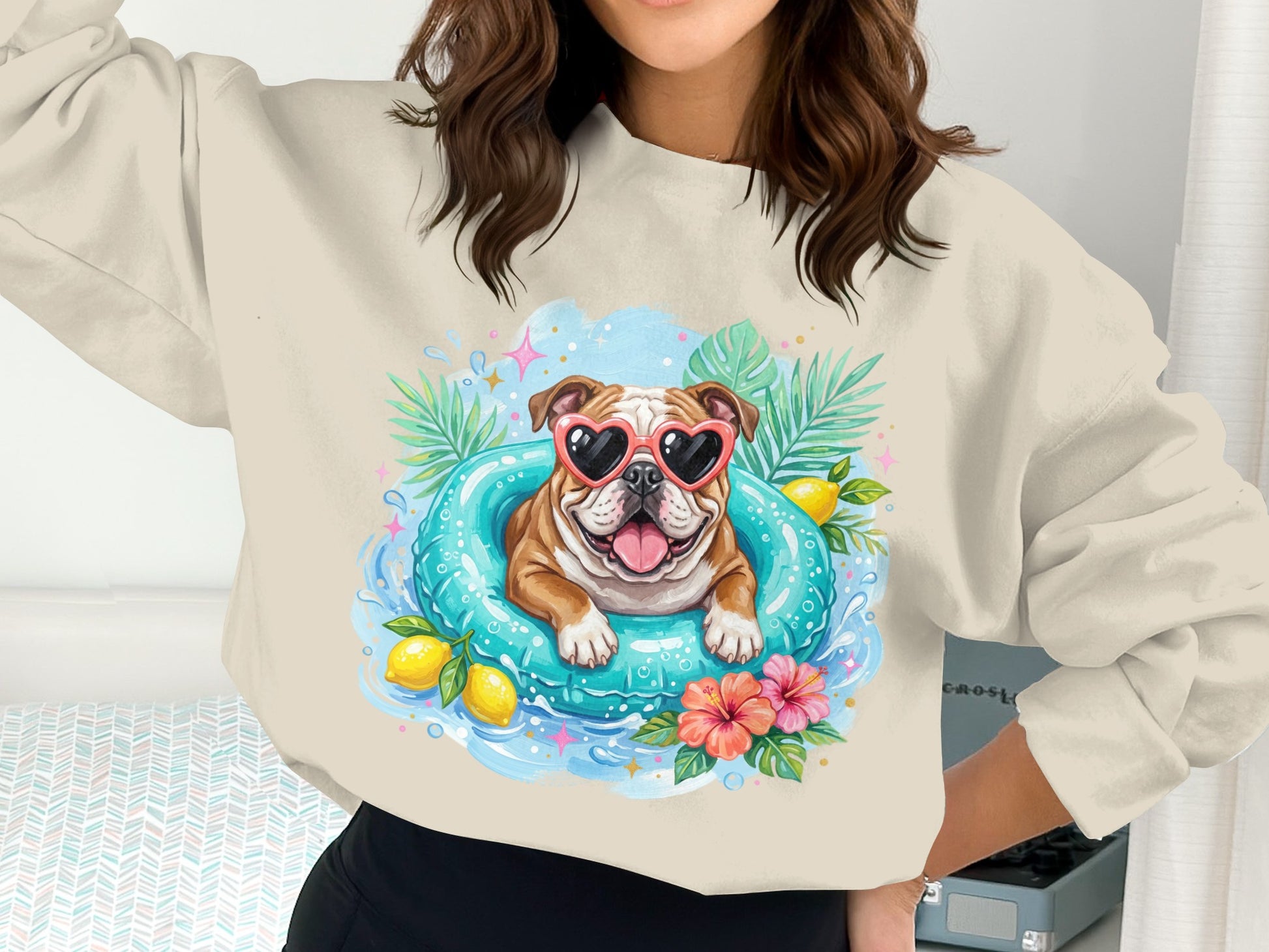 Bulldog in heart sunglasses on a pool float with tropical leaves and lemons.