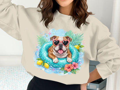 Bulldog in heart sunglasses on a pool float with tropical leaves and lemons.