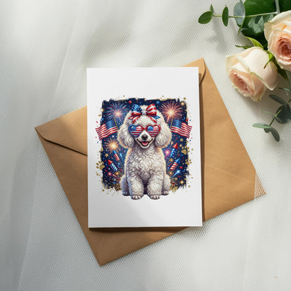 Poodle wearing American flag sunglasses, surrounded by fireworks and flags.
