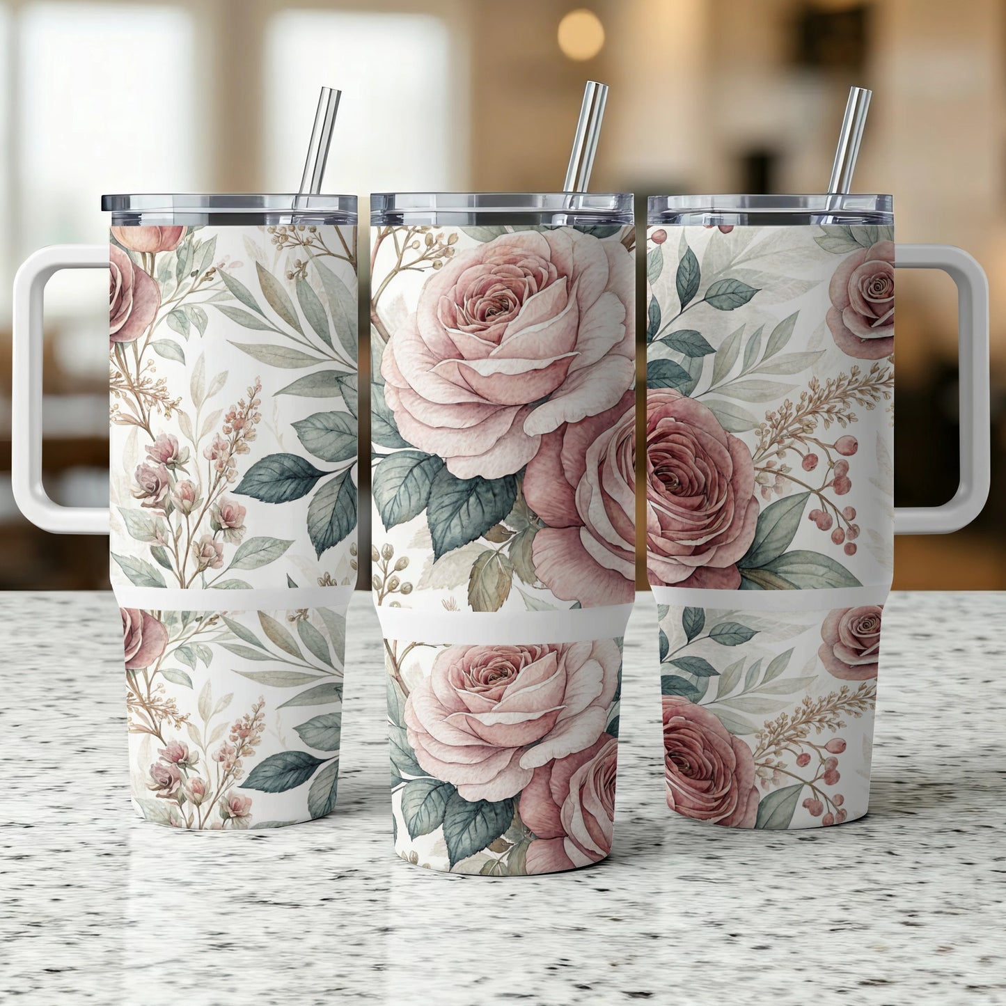 Three tumblers with floral rose and foliage print and handles.
