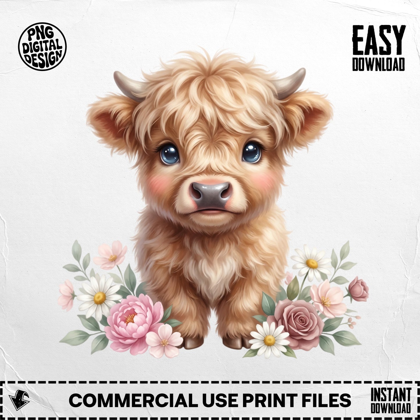 Cute fluffy cow with flowers, "EASY DOWNLOAD" text.