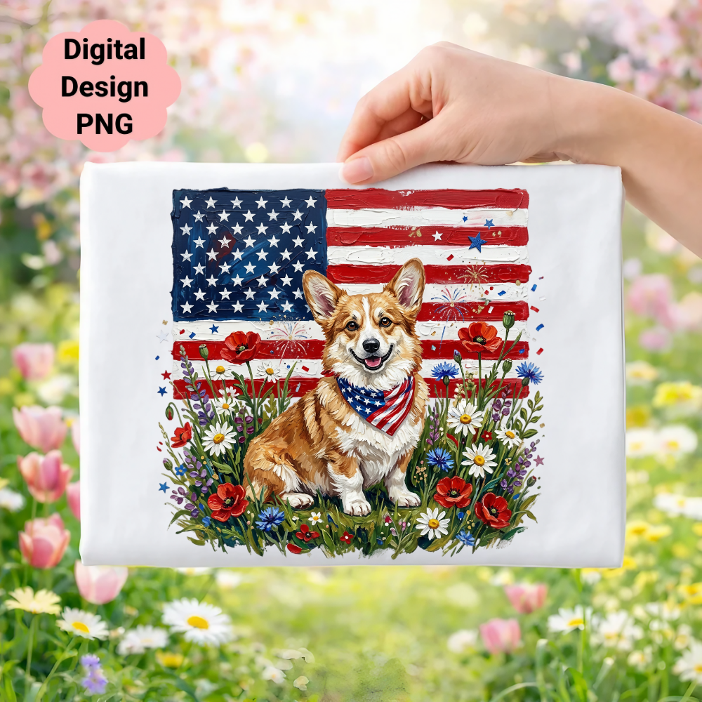 Corgi dog in American flag bandana sits in field of flowers under US flag.