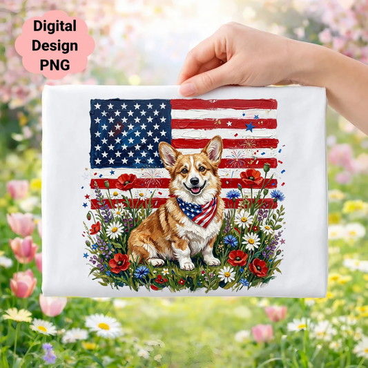 Corgi dog in American flag bandana sits in field of flowers under US flag.