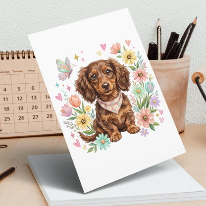 Dachshund dog with flowers and butterfly on greeting card.