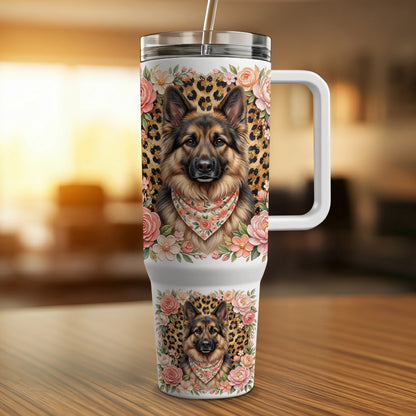 German Shepherd design on a white travel mug with a handle and straw.