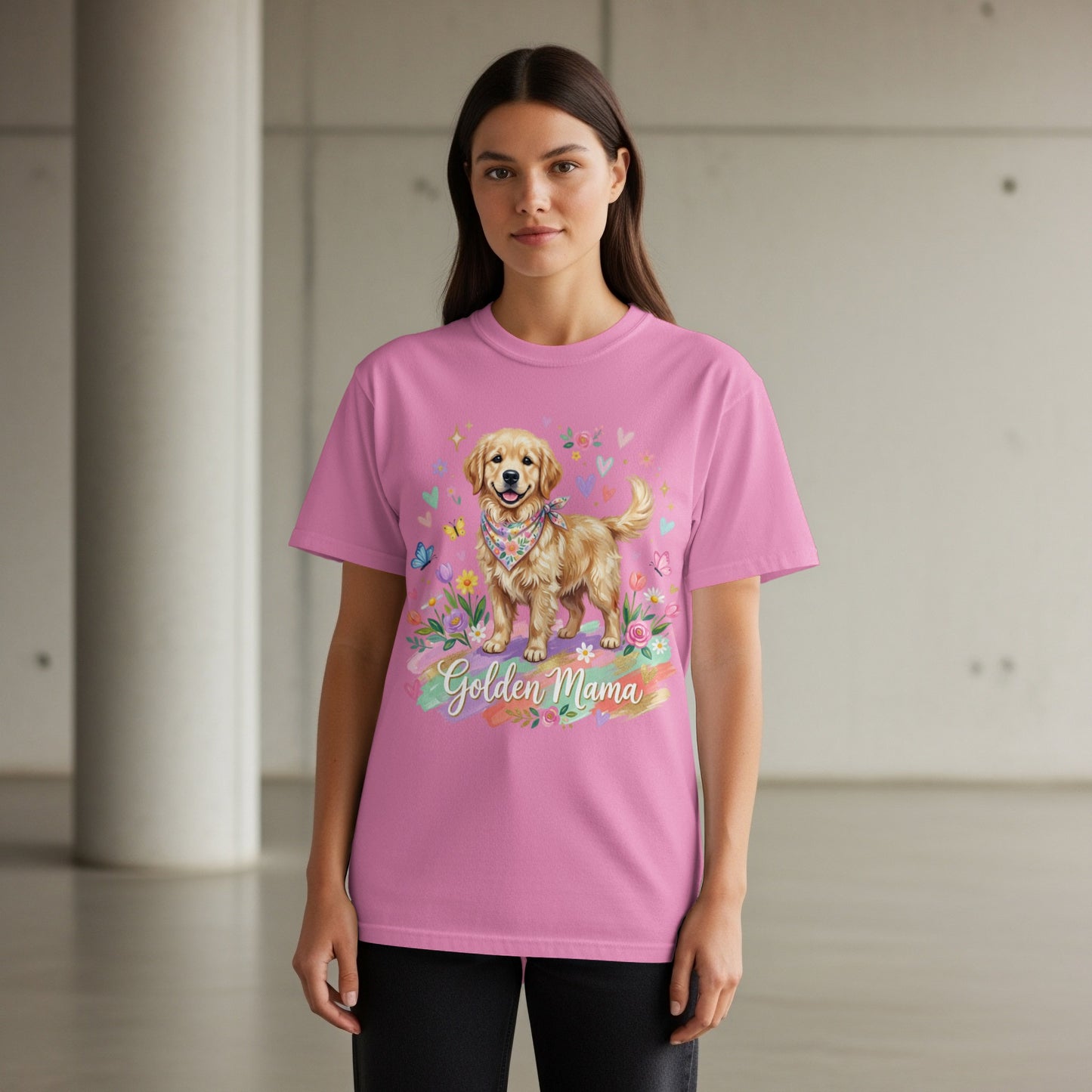 Pink t-shirt with "Golden Mama" text and a painted Golden Retriever with flowers.