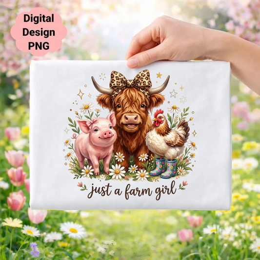 Farm animals, including a pig, cow, and chicken, with "Just a farm girl" text.
