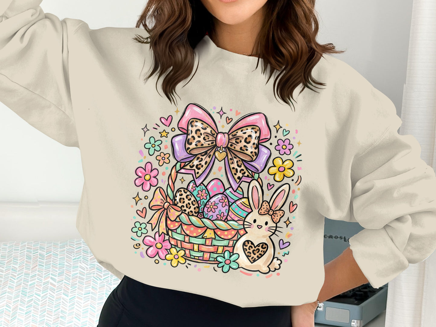 Easter basket with bunny, eggs, and flowers, accented with leopard print bow.