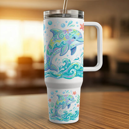 White tumbler with colorful dolphin, waves, and starfish design.
