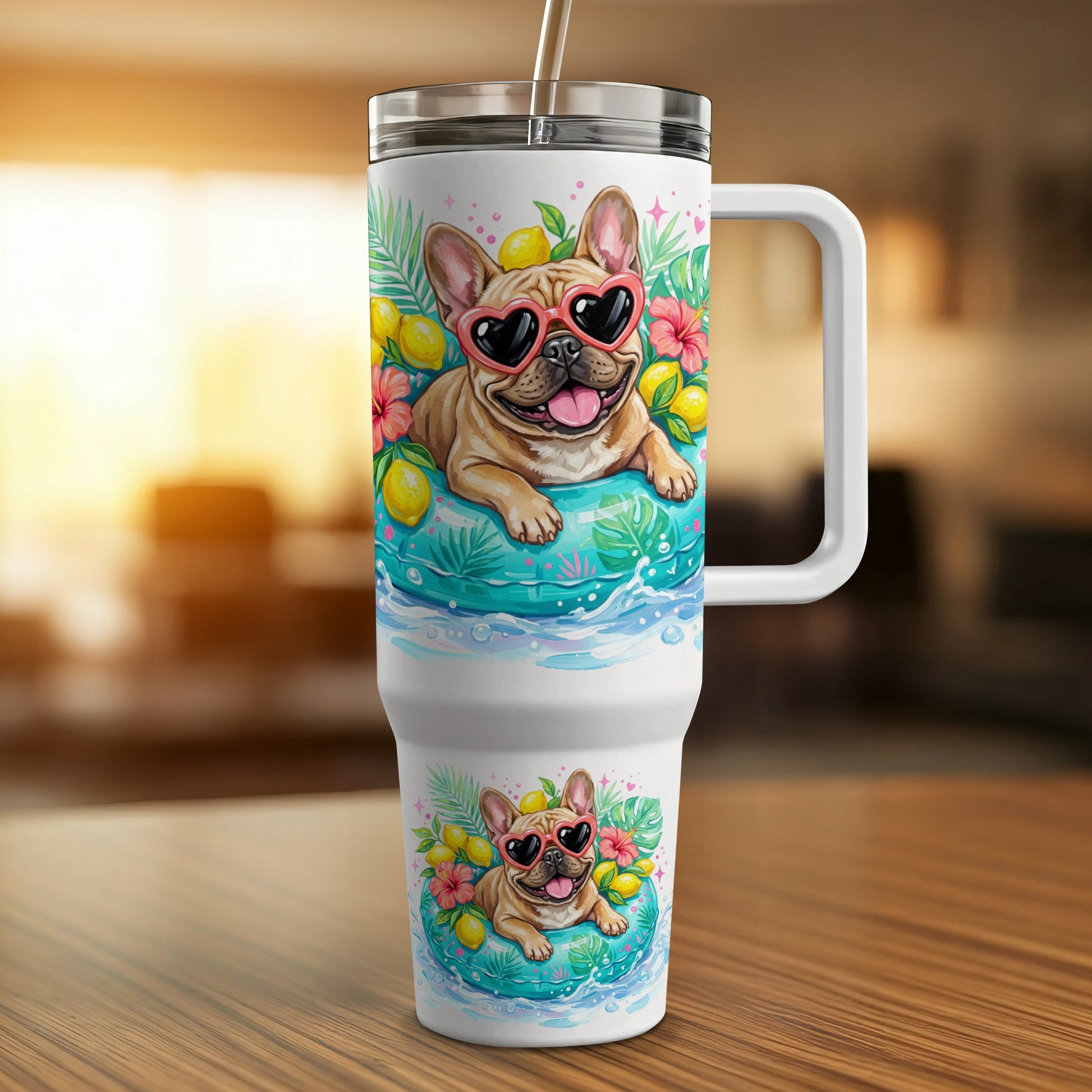 French bulldog in heart sunglasses on inflatable, tropical lemons and flowers.