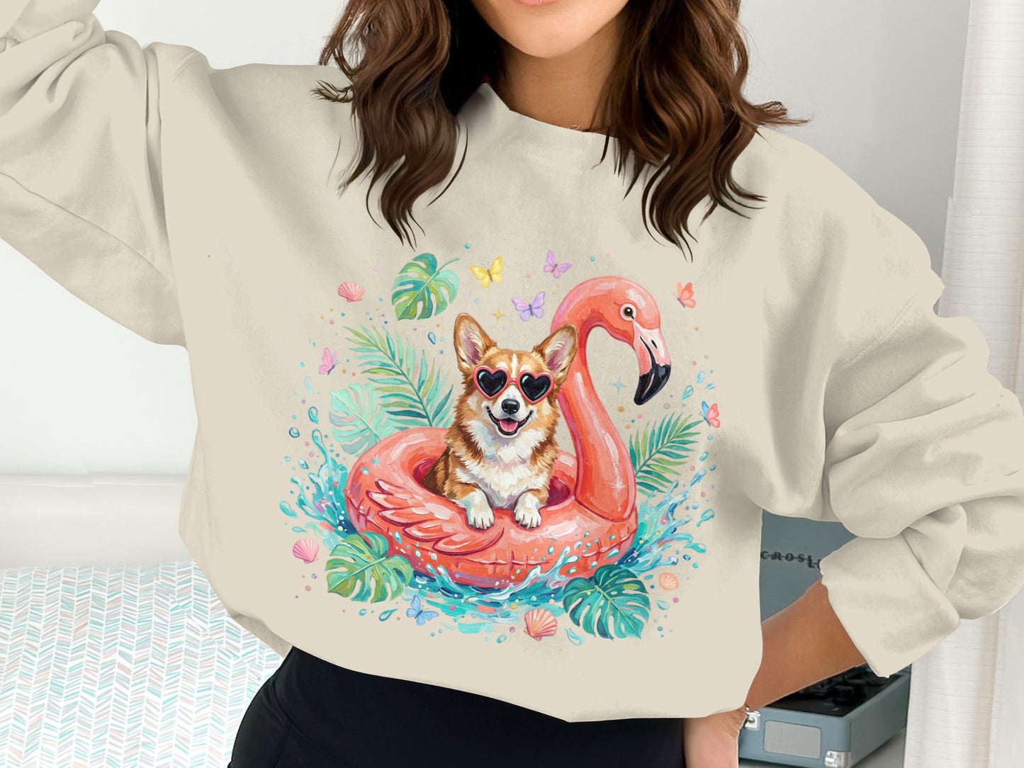 Corgi wearing sunglasses on flamingo float with butterflies and tropical leaves.
