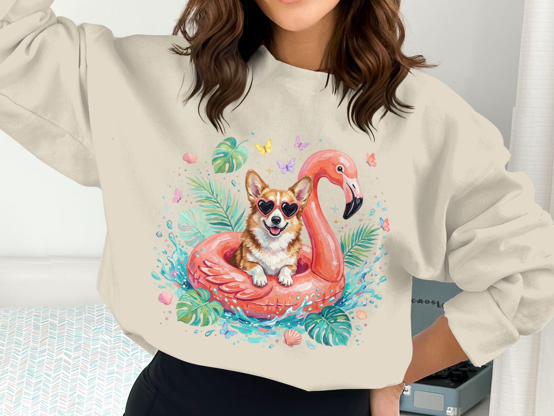 Corgi wearing sunglasses on flamingo float with butterflies and tropical leaves.