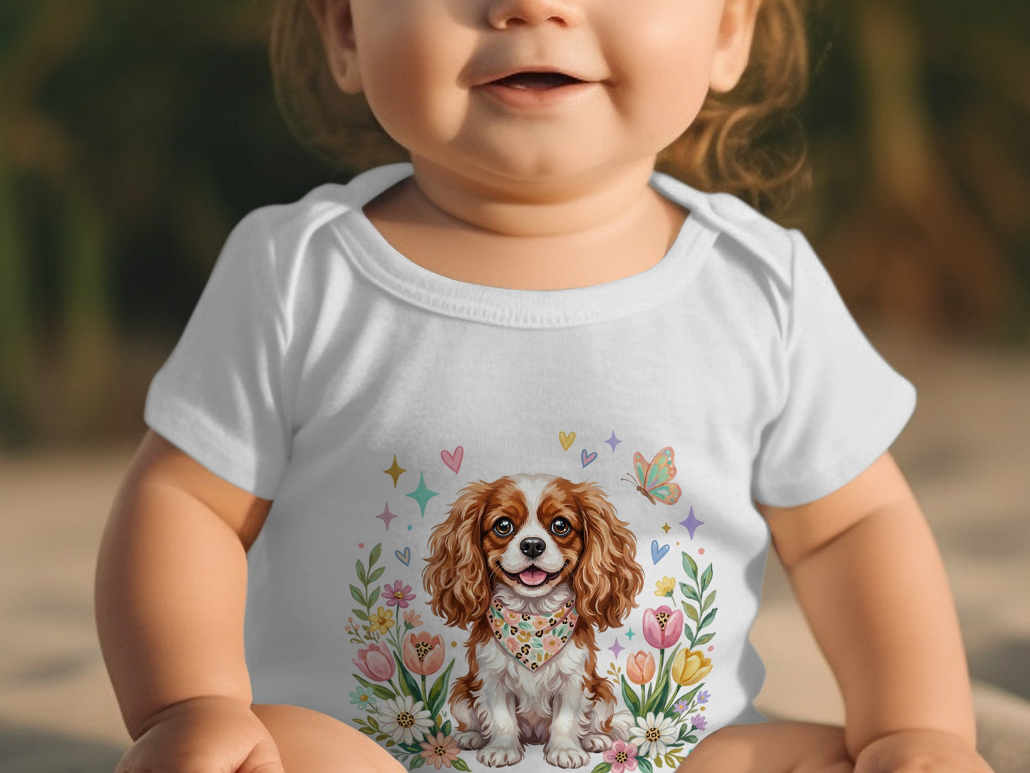 Baby wearing white onesie with a cavalier king charles spaniel and flowers design.