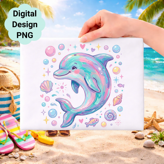 Whimsical cartoon dolphin with shells, fish, and bubbles on a beach background.