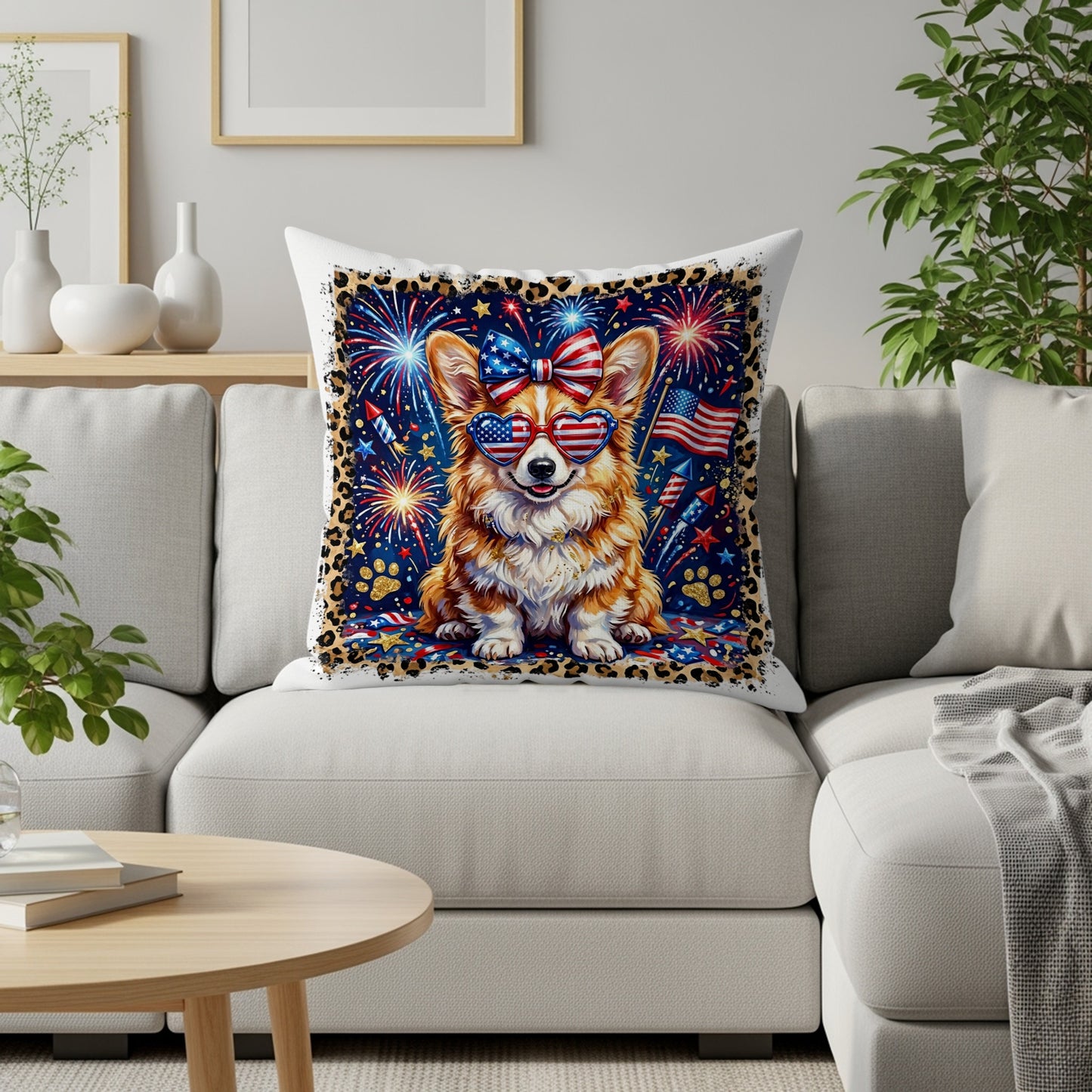Corgi wearing American flag bandana, sunglasses, and bow on a pillow.