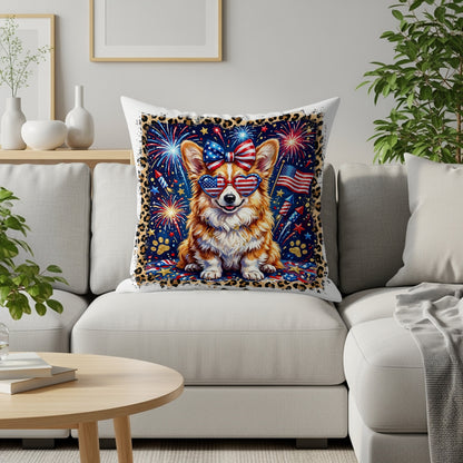 Corgi wearing American flag bandana, sunglasses, and bow on a pillow.
