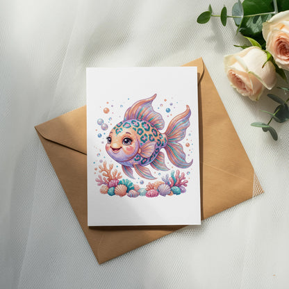 Illustration of a colorful, smiling fish with bubbles and seashells on a card.