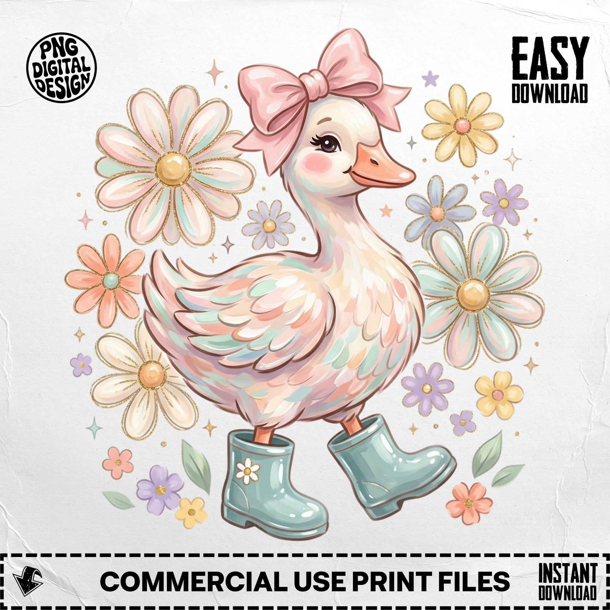 Cute duck wearing boots surrounded by flowers with "EASY DOWNLOAD" text.