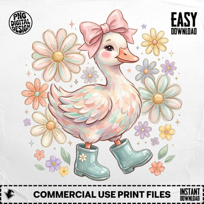 Cute duck wearing boots surrounded by flowers with "EASY DOWNLOAD" text.