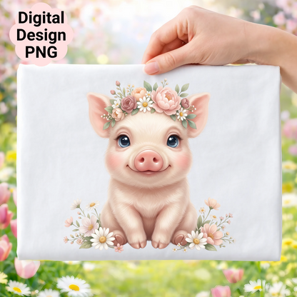 Cute baby pig wearing a flower crown, surrounded by flowers.